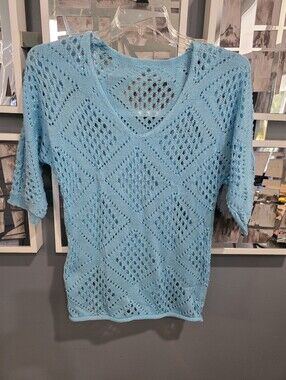 Light Blue Open-Knit V-Neck Sweater Top